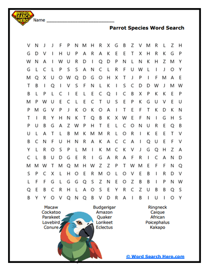 Parrot Species Word Search