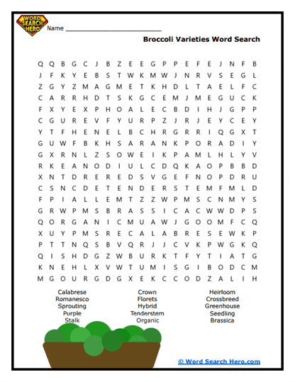 Broccoli Varieties Word Search