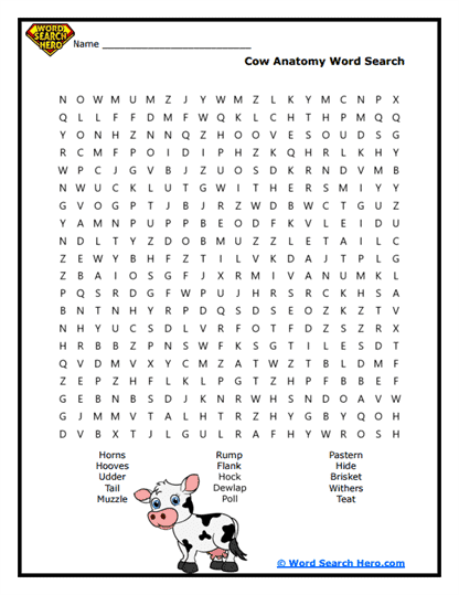 Cow Parts Word Search