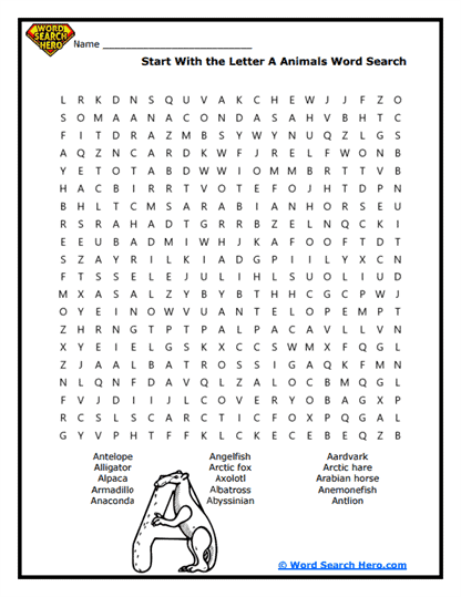 A-List Animals Word Search