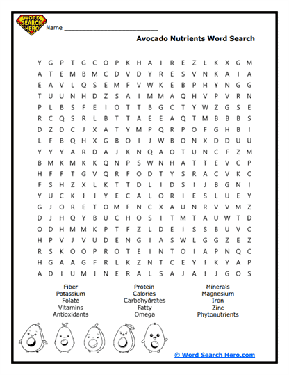 Avocado Nutrition Word Search