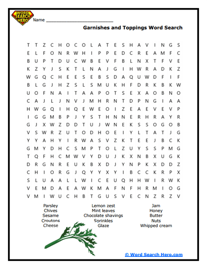 Toppings Treasure Word Search