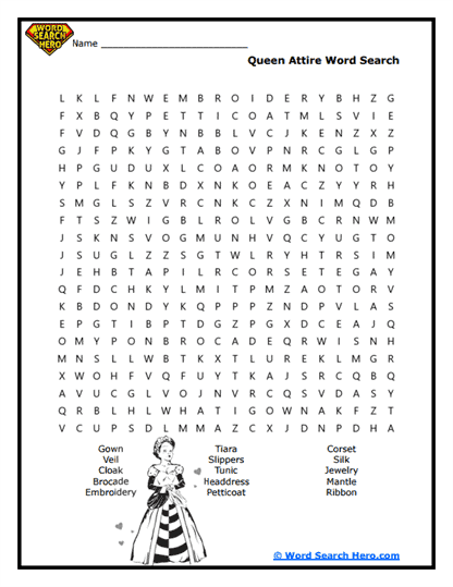 Queenly Attire Word Search