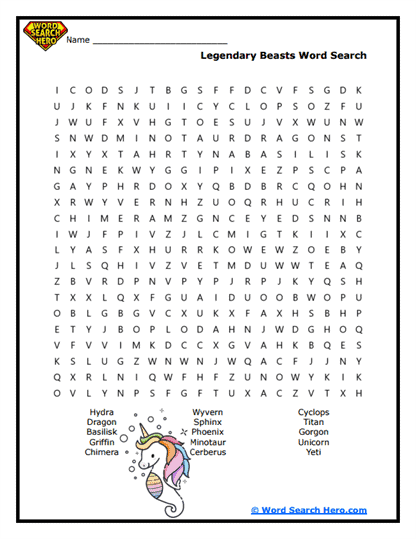 Legendary Beasts Word Search