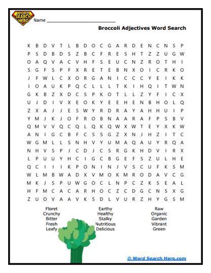 Broccoli Adjectives Word Search