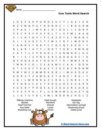 Cow Tools Word Search