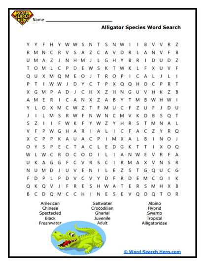 Alligator Types Word Search