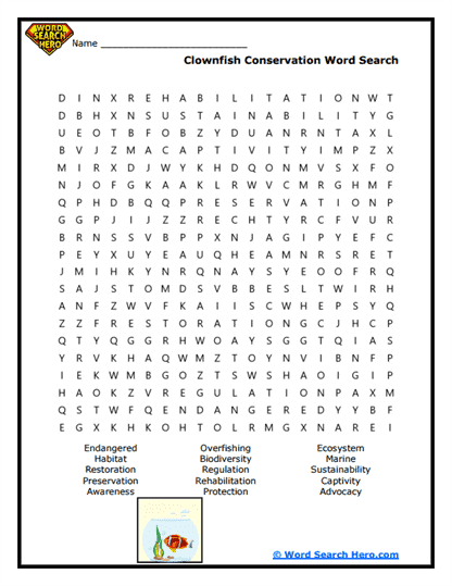 Clownfish Protection Word Search