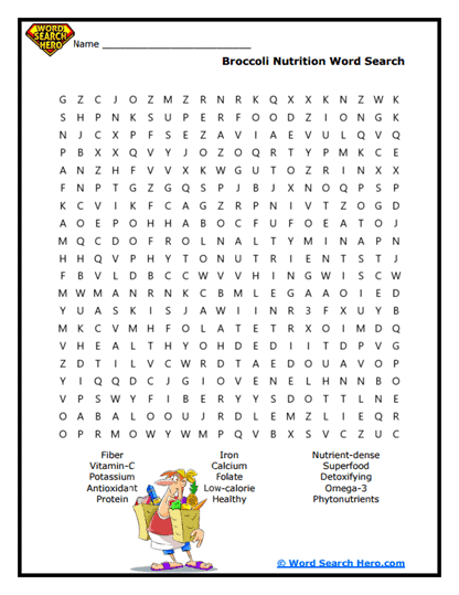 Broccoli Nutrition Word Search