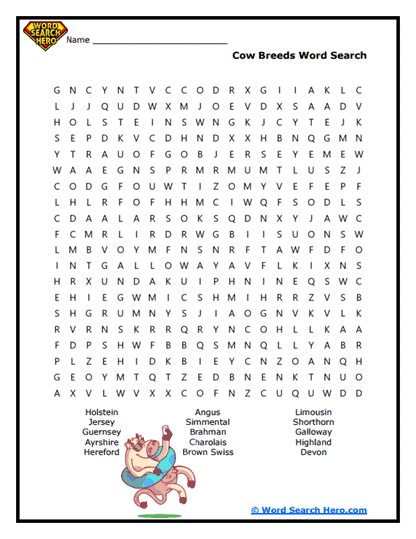 Cow Breeds Word Search