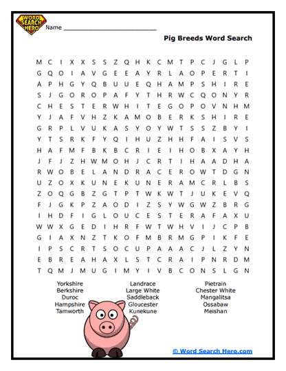 Pig Breeds Word Search