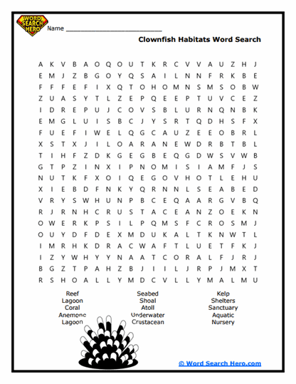 Clownfish Homes Word Search