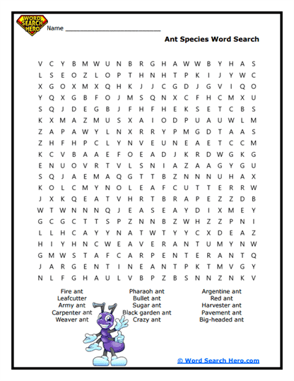 Ant Species Word Search