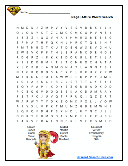 Regal Attire Word Search