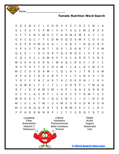 Tomato Nutrition Word Search