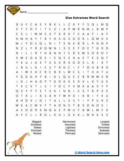 Size Scavenger Word Search