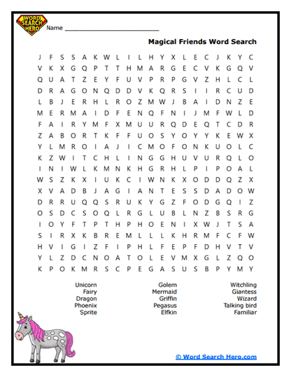 Mythical Pals Word Search