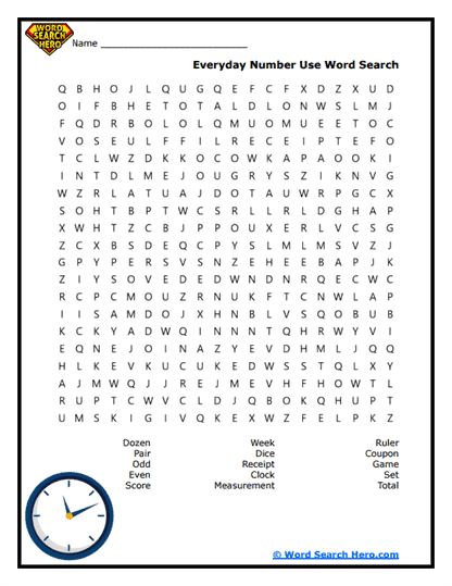 Everyday Number Use Word Search
