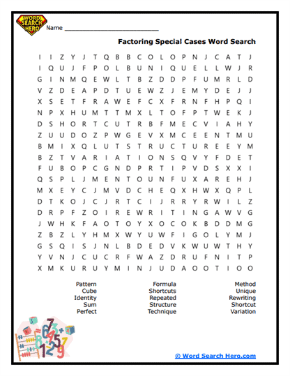 Factoring Special Cases Word Search